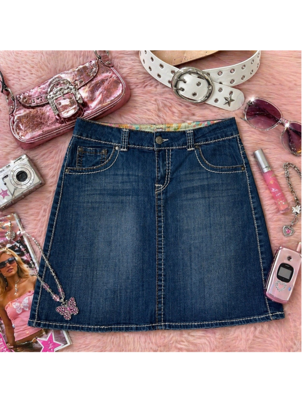 Y2K Denim Mini Skirt Low Rise Contrast Stitch Blue Jean Womens L